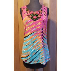 Etcetera rayon medium orange, pink and green sleeveless knit top